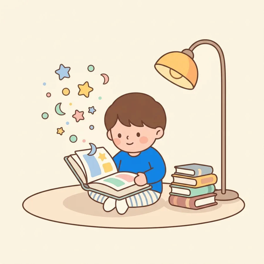 Иллюстрация: ребёнок увлечённо читает большую книгу